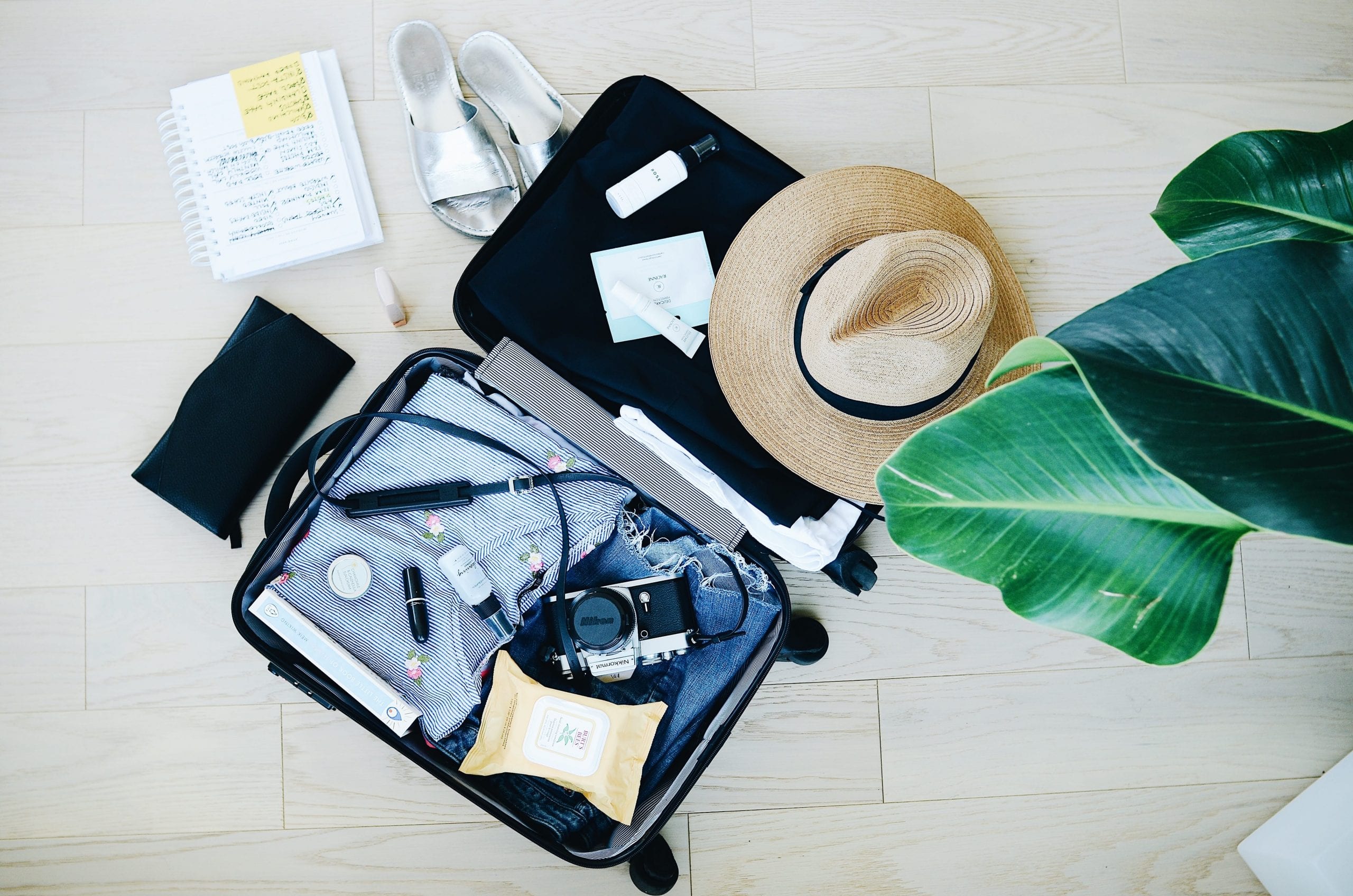 Overhead shot of suitcase and packing essentials