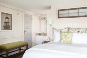 A guestroom at an Edgartown hotel to relax in after enjoying lunch at a local spot.