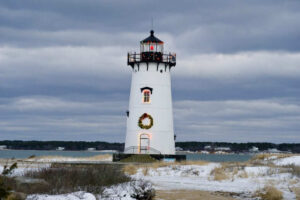 The lighthouse in Edgartown decorated for Christmas.