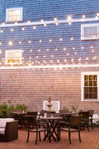 The courtyard area of an Edgartown hotel to relax in while eating pizza from a local Martha's Vineyard spot.