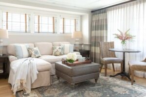 The seating area of an Edgartown hotel room to relax in after visiting West Tisbury.